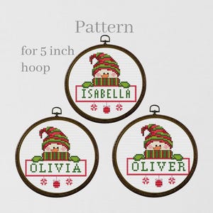May include: Three 5 inch embroidery hoop patterns featuring a snowman wearing a green and red hat and scarf. The patterns include the names "Isabella", "Olivia", and "Oliver".