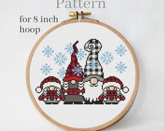 Gnome family with daughters cross stitch pattern Winter gnomes Buffalo plaid gnomes Christmas gnome pattern