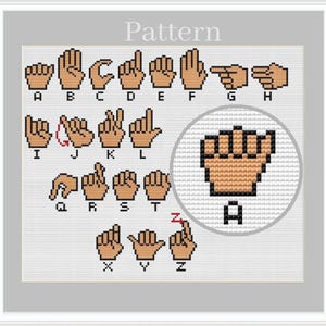 Sign language alphabet cross stitch pattern, Cross stitch letters, Cross stitch font