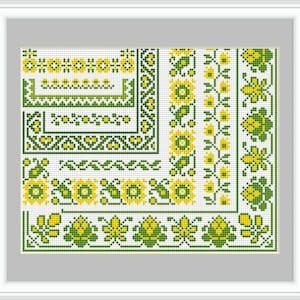 May include: A cross stitch pattern with a variety of floral and geometric designs in yellow and green.