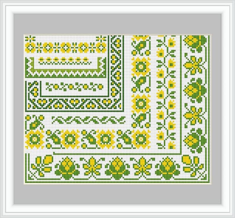 May include: A cross stitch pattern with a variety of floral and geometric designs in yellow and green.