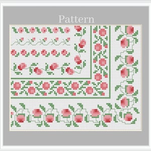 Rose cross stitch border pattern with floral frames and corners