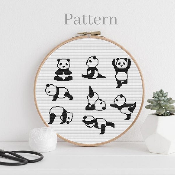 Yoga panda cross stitch pattern, Animal yoga hand embroidery pattern for yoga lover gift