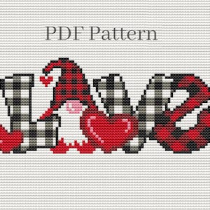 Gnome cross stitch pattern, Buffalo plaid gnome, Love cross stitch, Mothers day gnomes