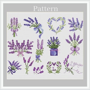 Lavendel kruissteekpatroon, kruissteekbloemen, paarse bloemen handborduurpatroon