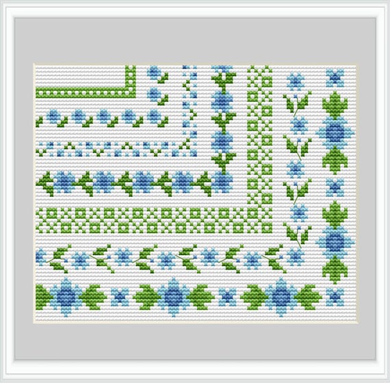 Cross Stitch Border Pattern, Blue and Green Frames for