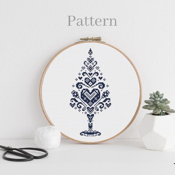 Blue Christmas tree cross stitch pattern Monochrome Christmas hand embroidery pattern