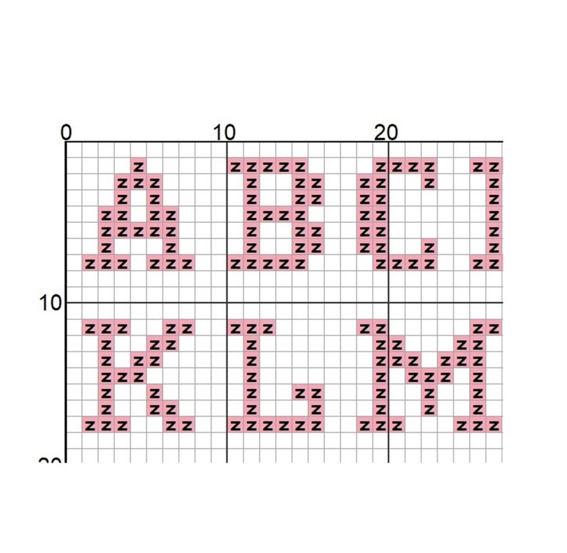 K&ouml;nnte beinhalten: Ein Kreuzstichmuster f&uuml;r das Wort "BELIEVE" in Rosa auf einem wei&szlig;en Gitter.