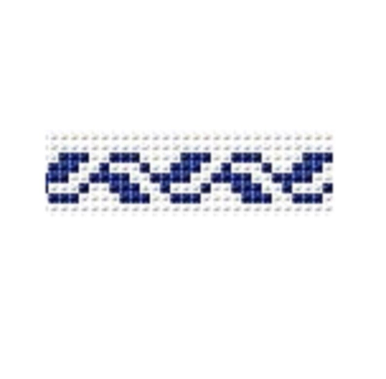 May include: A blue and white geometric pattern border design. The pattern is made up of repeating shapes that resemble waves.
