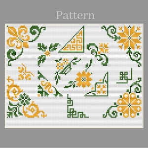 Peut inclure: Un modèle de point de croix présentant divers éléments décoratifs en jaune et vert sur une grille blanche. Le design inclut des motifs floraux, des bordures d'angle géométriques et des vignes disposés sur la mise en page avec le mot Pattern.