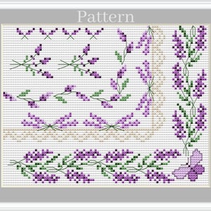 Bordes de punto de cruz de lavanda, Marco de lavanda, Borde de lavanda, Patrón de bordes florales