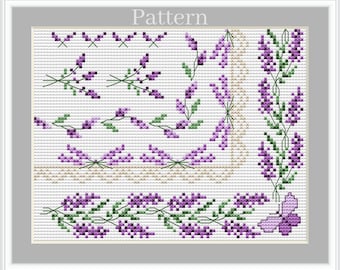 Lavender cross stitch borders, Lavender frame, Lavender border, Floral borders pattern