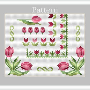 Tulip cross stitch borders, Floral borders cross stitch pattern, Cross stitch frames