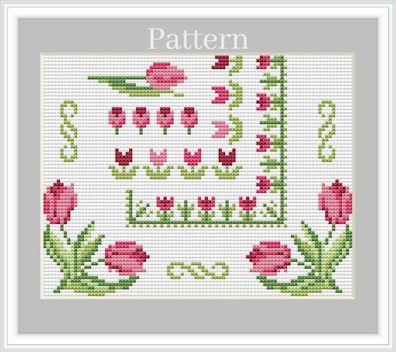 チューリップのクロスステッチのボーダー、花のボーダーのクロス