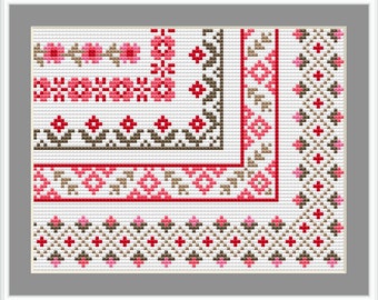 Floral Cross Stitch Border Pattern, Pink and Green Cross Stitch