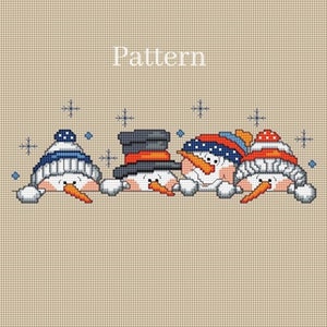 May include: Four snowmen peeking over a brown background. The snowmen are wearing blue and white hats, red and white hats, and one has a black top hat with a red band. The snowmen have orange noses and black eyes.