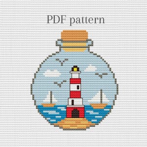Lighthouse cross stitch pattern with bottle for sea and beach xstitch