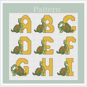 Dinosaur alphabet cross stitch pattern with monogram letters