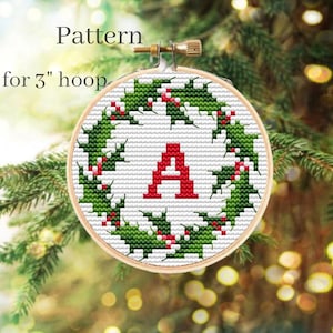 Initial ornament cross stitch pattern with ABC chart, Christmas wreath ornament with alphabet chart, Floral monogram ornament 3 inch