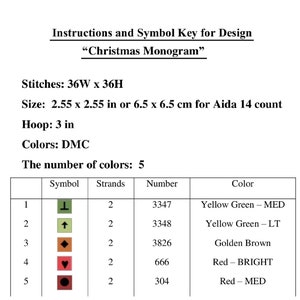 Puede incluir: Un gr&aacute;fico de punto de cruz con instrucciones y una clave de s&iacute;mbolos para un dise&ntilde;o de monograma navide&ntilde;o. El gr&aacute;fico muestra 5 colores diferentes con sus n&uacute;meros de hilo DMC correspondientes y sus s&iacute;mbolos. El dise&ntilde;o tiene 36 puntos de ancho por 36 puntos de alto y requiere un aro de 7,6 cm de di&aacute;metro.