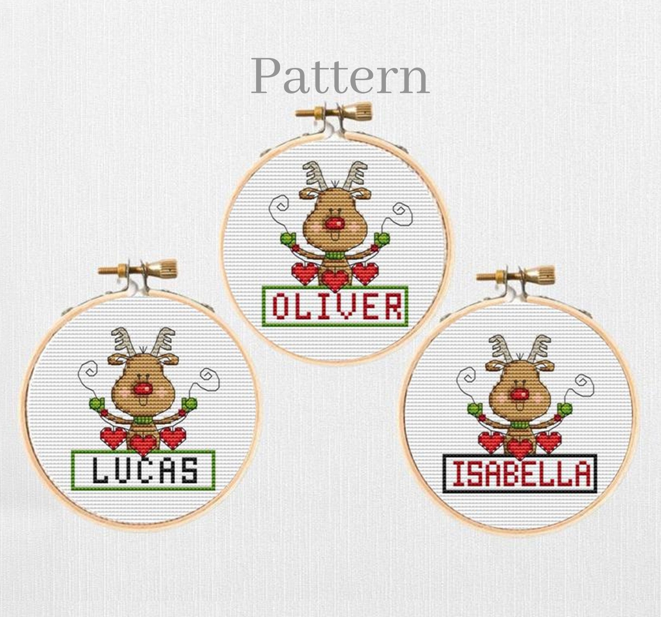 Christmas reindeer ornament cross stitch pattern, Name ornament