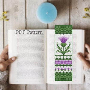 Outlander cross stitch bookmark pattern, Thistle cross stitch book tracker, Floral bookmarks