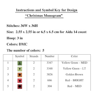 Puede incluir: Un gr&aacute;fico de punto de cruz con instrucciones y una clave de s&iacute;mbolos para un dise&ntilde;o de monograma navide&ntilde;o. El gr&aacute;fico incluye 5 colores: verde amarillo, marr&oacute;n dorado y rojo en diferentes tonos. El dise&ntilde;o tiene 36 puntos de ancho por 36 puntos de alto y requiere un aro de 7,6 cm.