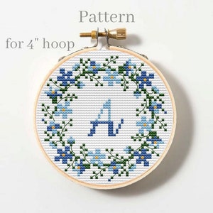 Forget me not cross stitch pattern, Initial ornament, Monogram letters, Family ornament with ABC chart