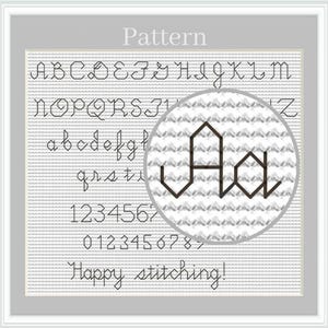 Puede incluir: Un patrón de punto de cruz con la palabra "Pattern" en la parte superior. El patrón incluye el alfabeto, números y la frase "Happy stitching!" en una fuente manuscrita. Una vista ampliada muestra el detalle de la puntada.