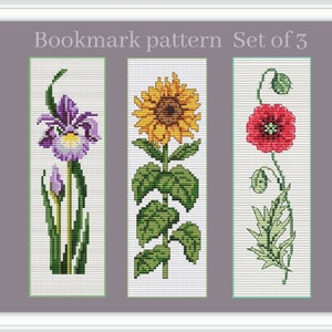 Iris cross stitch bookmark pattern, Sunflowers book tracker, Poppy cross stitch, Floral bookmark set