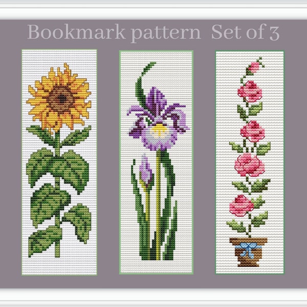 Iris cross stitch bookmark pattern, Rose bookmark, Sunflower cross stitch book tracker, Floral bookmark set