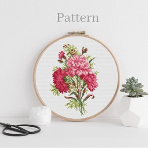 Carnation cross stitch pattern, Floral bouquet hand embroidery pattern