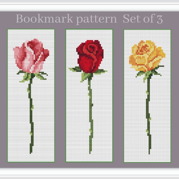 Rose cross stitch bookmark pattern, Floral bookmark set, Flower cross stitch, Mothers Day bookmark, Book tracker