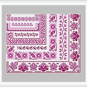 May include: A cross stitch pattern with a pink and white floral design. The pattern includes a variety of floral motifs, including roses, leaves, and vines. The pattern is perfect for creating a beautiful and intricate cross stitch project.