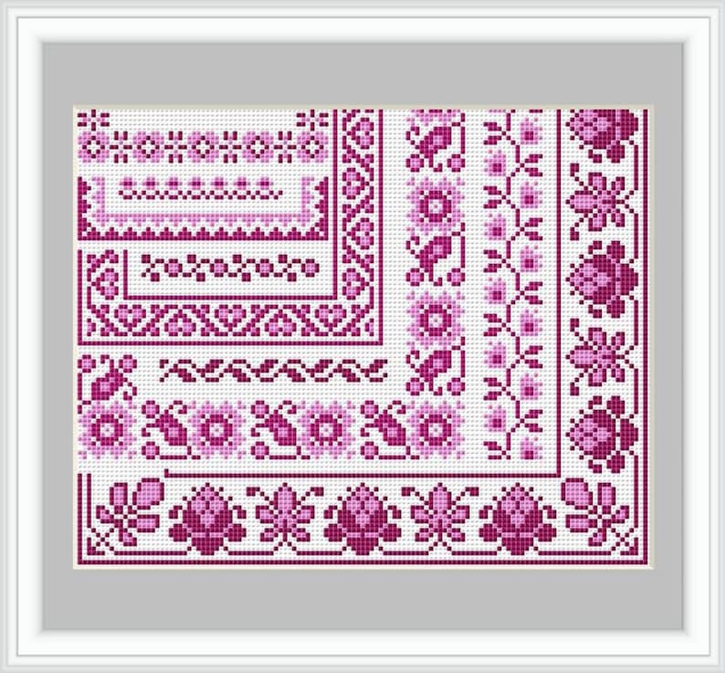 May include: A cross stitch pattern with a pink and white floral design. The pattern includes a variety of floral motifs, including roses, leaves, and vines. The pattern is perfect for creating a beautiful and intricate cross stitch project.