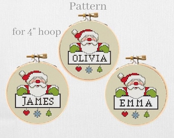 Family ornament cross stitch pattern, Personalized ornament, Name ornament, Santa Claus hand embroidery pattern
