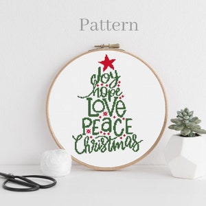 Padrão de ponto cruz de árvore de Natal, Padrão de bordado à mão de Natal monocromático com Alegria Esperança Amor Paz Natal