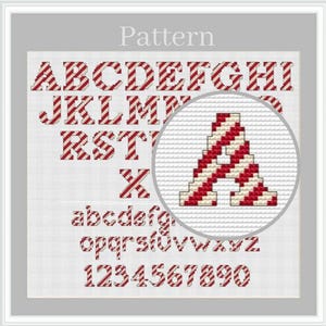 Christmas alphabet cross stitch pattern with Candy cane letters and numbers