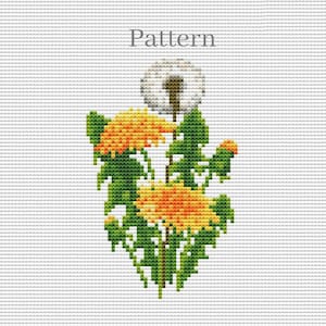 May include: Cross stitch pattern of a dandelion with white seeds and yellow flowers. The pattern is on a white background with the word "Pattern" at the top.
