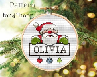 Santa Claus ornament cross stitch pattern Name ornament hand embroidery pattern Family ornament for 4 inch hoop