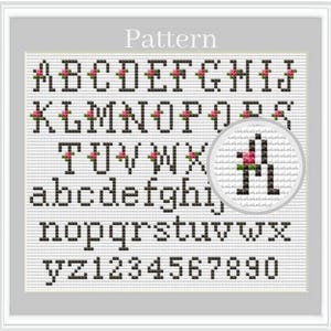 クロスステッチの文字、花のアルファベットのクロスステッチのパターン、クロスステッチのフォント、ABC チャート、クロスステッチの数字