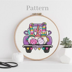 Easter truck cross stitch pattern Easter gnome pattern Bunny cross stitch