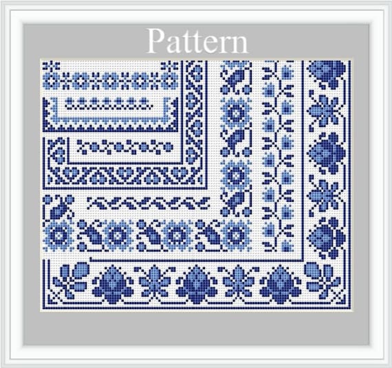 Blue border cross stitch pattern with Grandmillenial c frames and floral orners