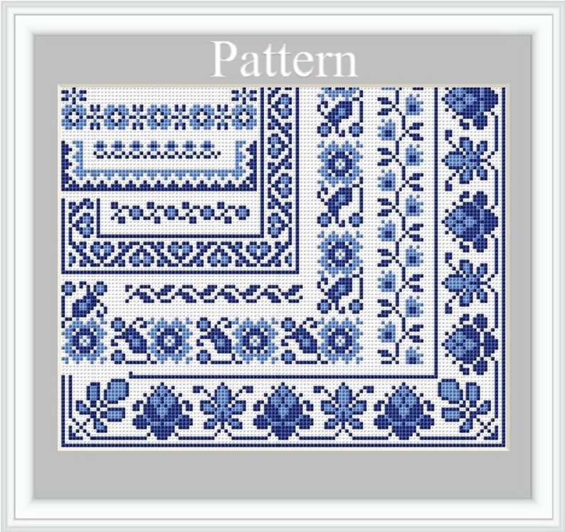 Blue border cross stitch pattern with Grandmillenial c frames and floral orners