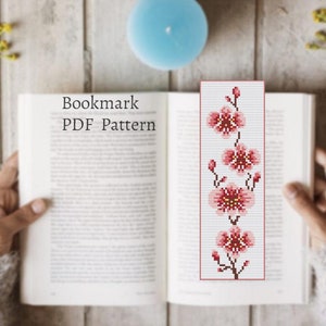 Cherry blossom cross stitch bookmark pattern, Floral book marks hand embroidery pattern