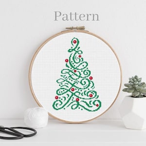 Stickmuster mit Weihnachtsbaum, Stickmuster mit Swirl Weihnachtsbaum, Monochrome Weihnachten