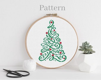 Christmas tree cross stitch pattern, Swirl Christmas tree hand embroidery pattern, Monochrome Christmas