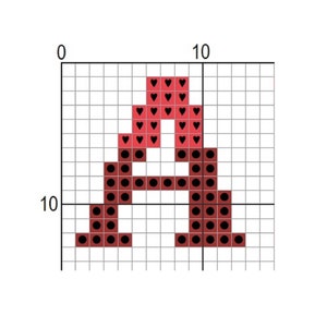May include: A cross-stitch pattern for the letter A, featuring red and black hearts and circles. The pattern is 10 squares by 10 squares.