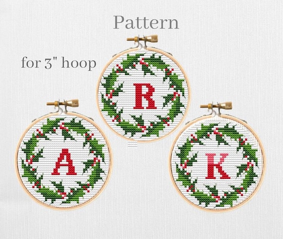 Christmas monogram cross stitch pattern for initial ornament with monogram letters