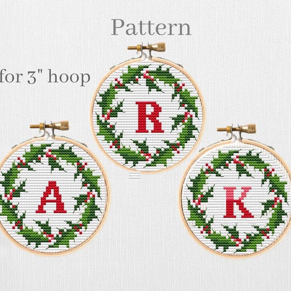 Christmas monogram letters, Monogram ornament cross stitch pattern, Monogram fonts 3 inch hoop, Cross stitch alphabet